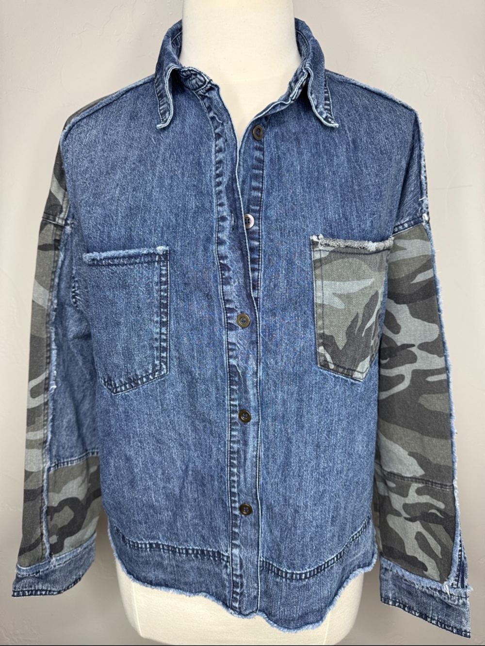 Oli & Hali Denim Button-Down with Camouflage Detail Shirt or Jacket